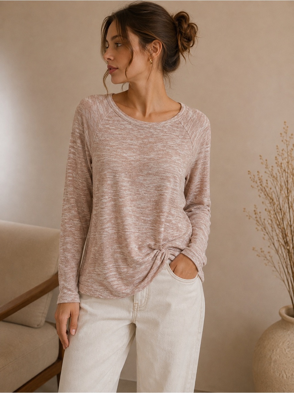 Juicy Couture Marled Knit Long-Sleeve Sweater Top in Blush Taupe Size Medium